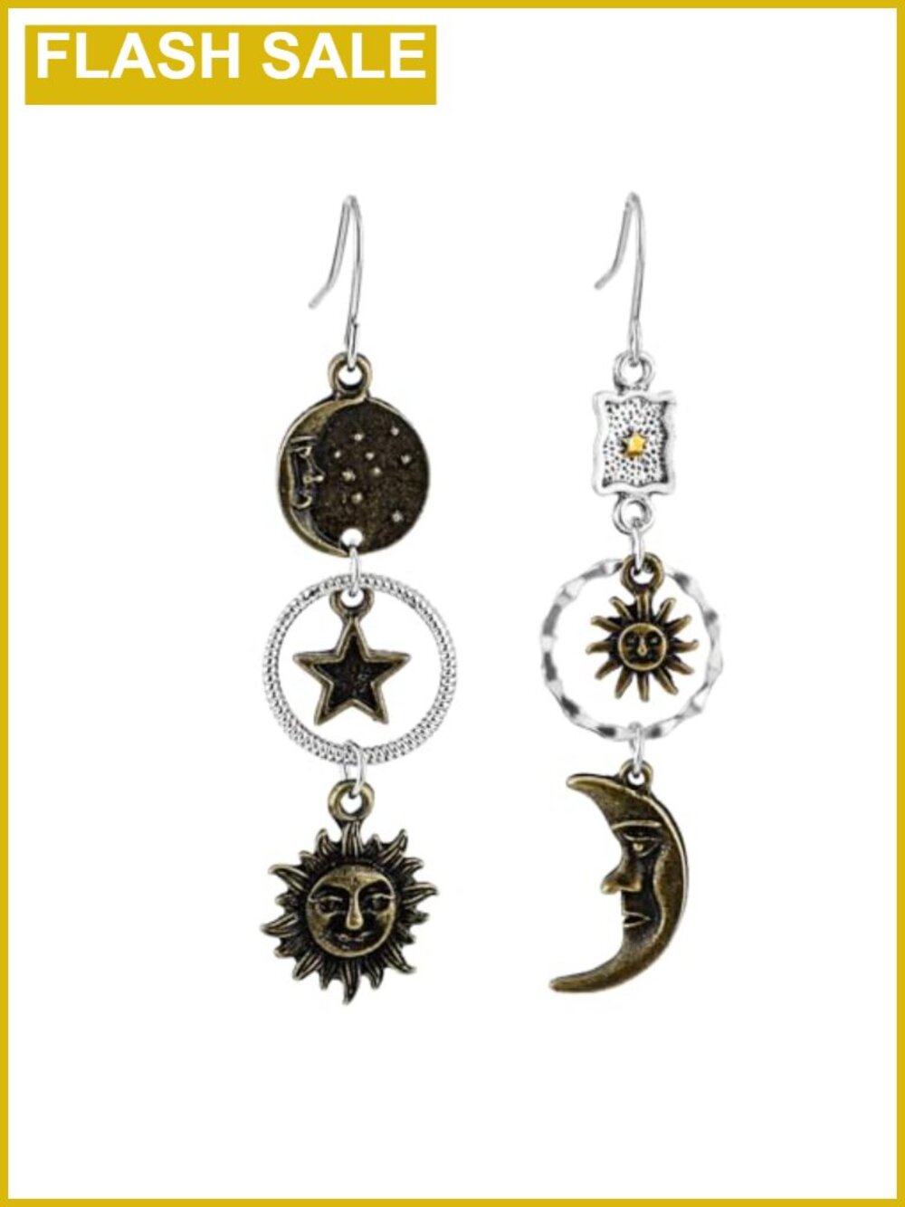 Sun Moon Star Dangle Earrings Zinc Alloy Gothic Asymmetrical Statement Jewelry